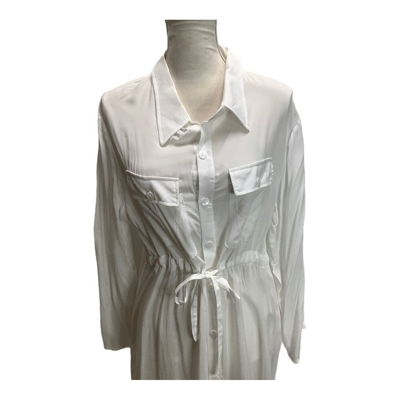 Woman's Venus Dress‎ Long Sleeve Drawstring Roll Up Sleeve Pockets Rayon White - Picture 2 of 7
